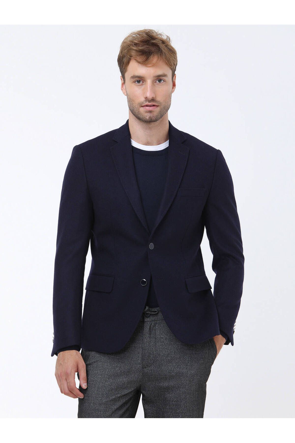 Kip-Wool Blended Navy Blue Straight Modern Fit Jacket 1