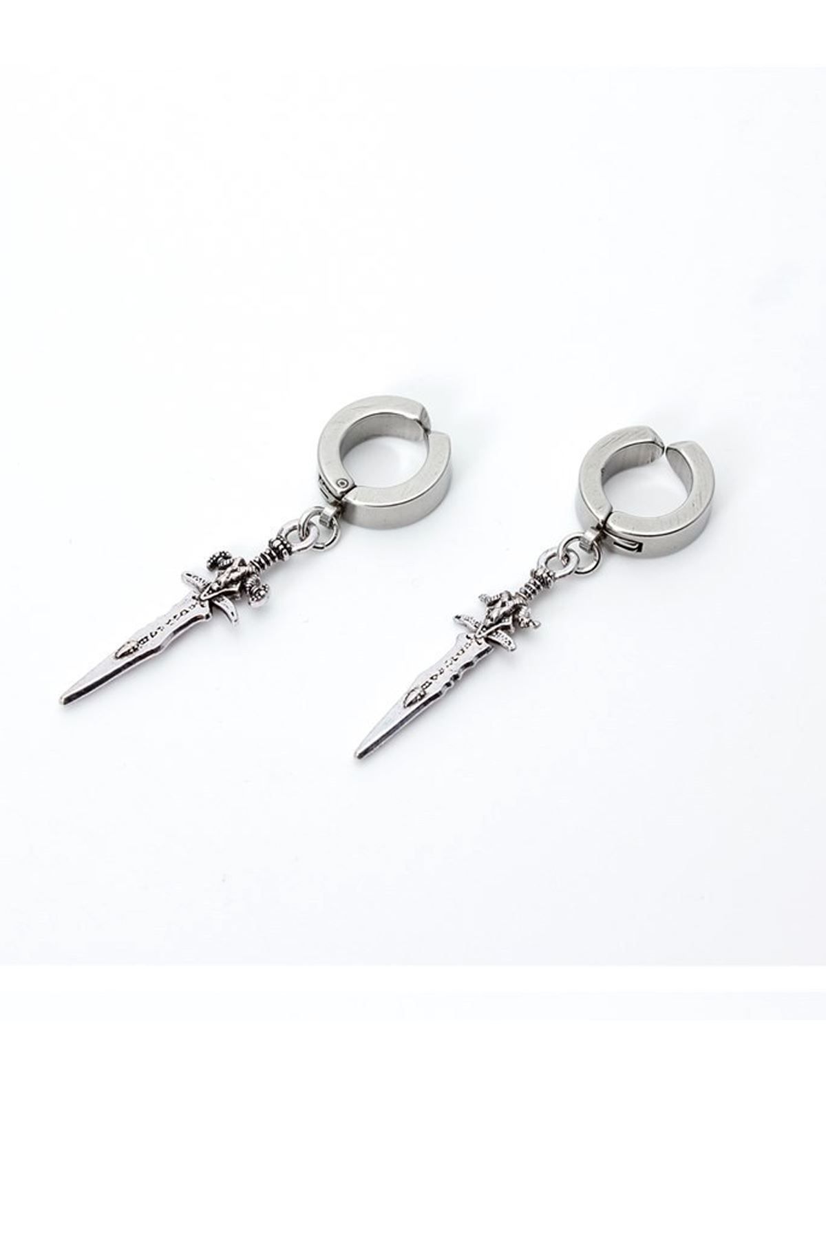 Chavin-Grey Steel Sword Dangle Men's Earrings Ei33by 2