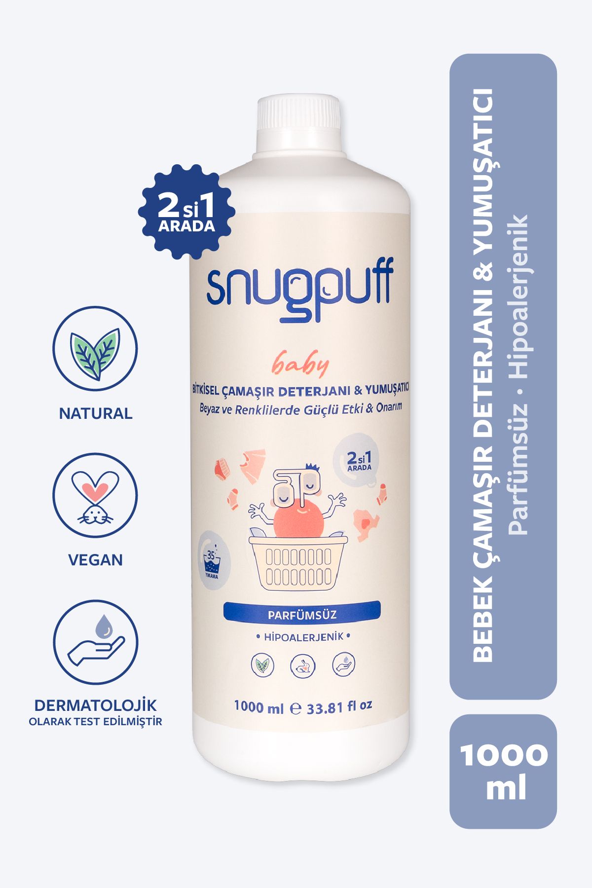 snugpuff Bitkisel Bebek 2’si 1 Çamaşır Deterjanı Yumuşatıcı, Hipoalerjenik Parfümsüz Vegan, Sıvı Sabun 1l