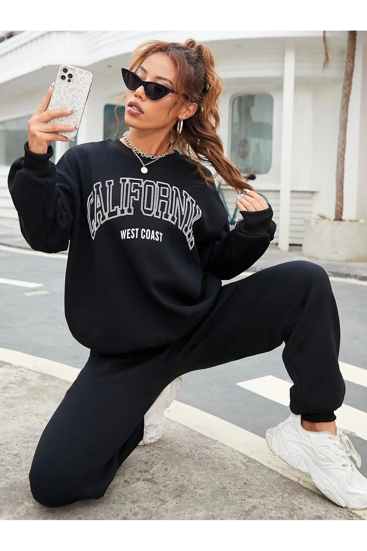 FoxSkin Sportswear&Company Siyah Californıa West Coast Baskılı Oversize Alt Üst Eşofman Takımı Lastik Paça