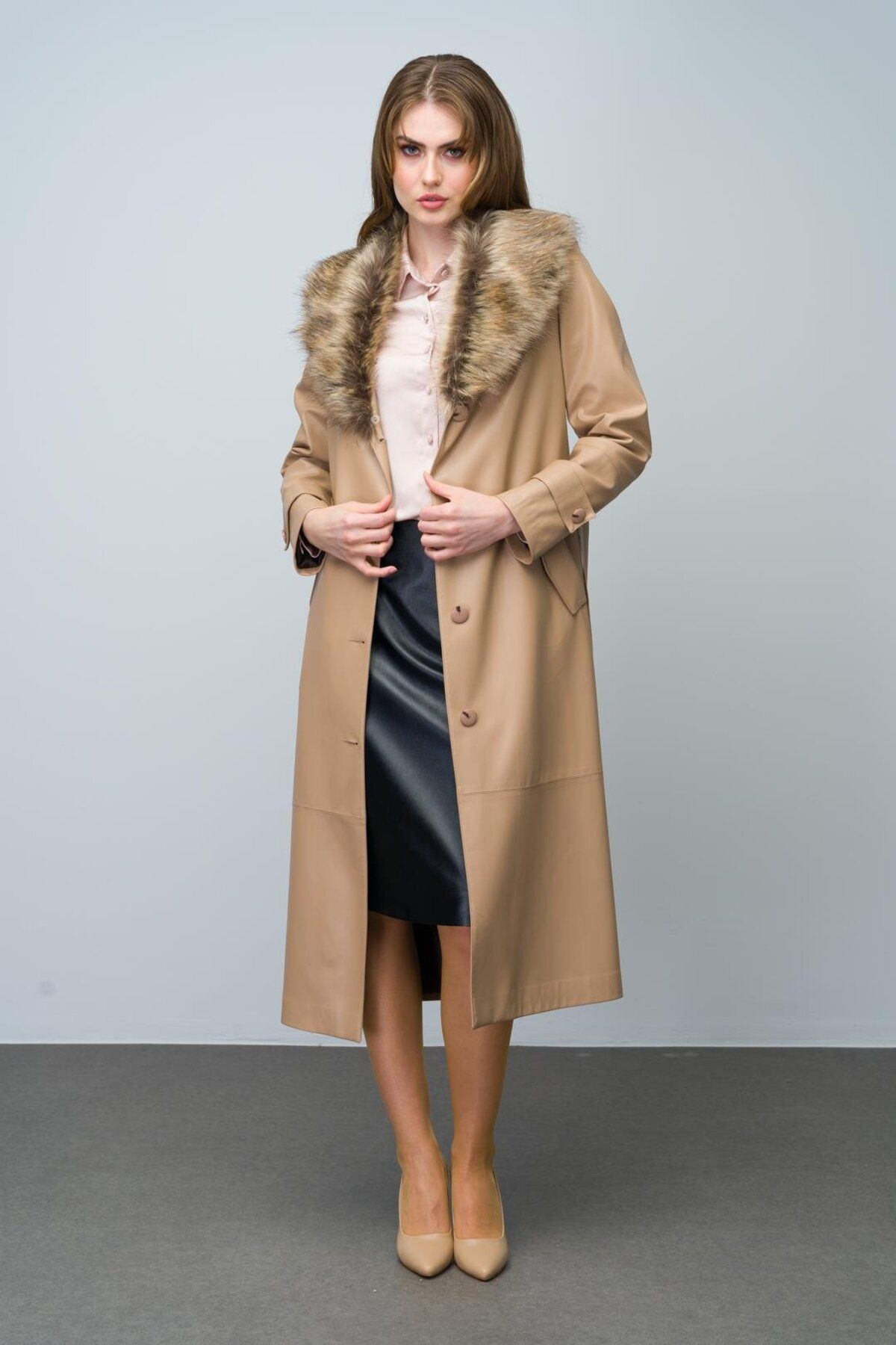 Olcay-KAMEL 6606 - Sheepskin Trench Coat with Detachable Collar and Belt 4