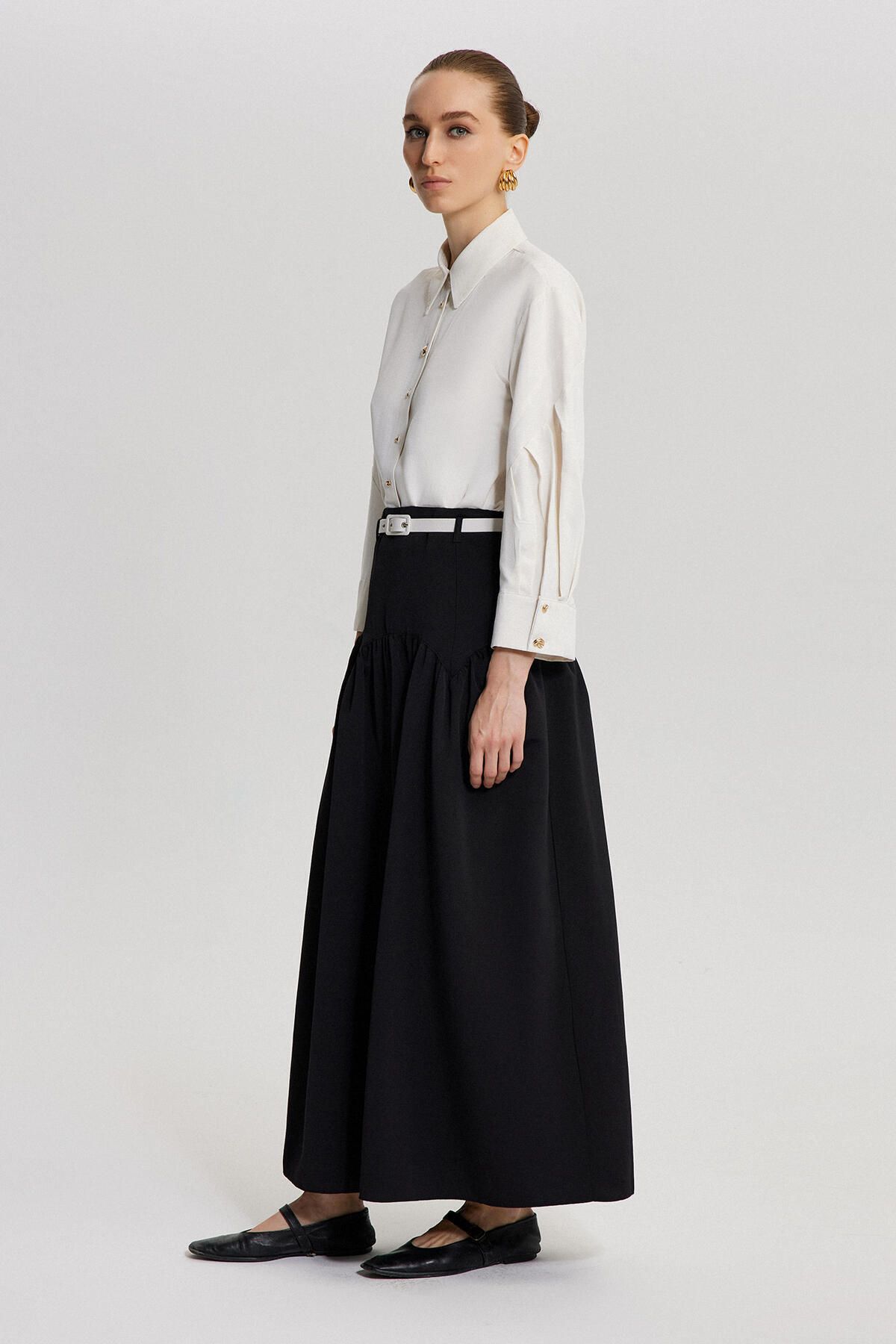 Touché Privé-Linen Textured Skirt - Belt Detailed 4