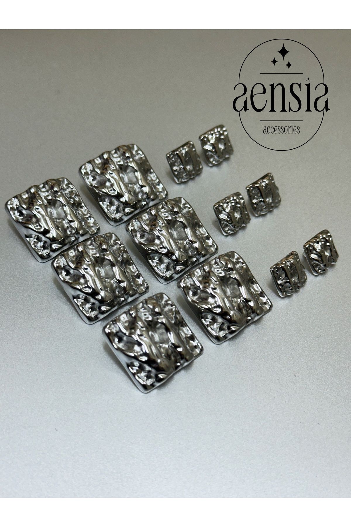 aensia-Silver Square over Striped Pattern Metal Button Set - Pack of 12 (6 Large + 6 Small) 1