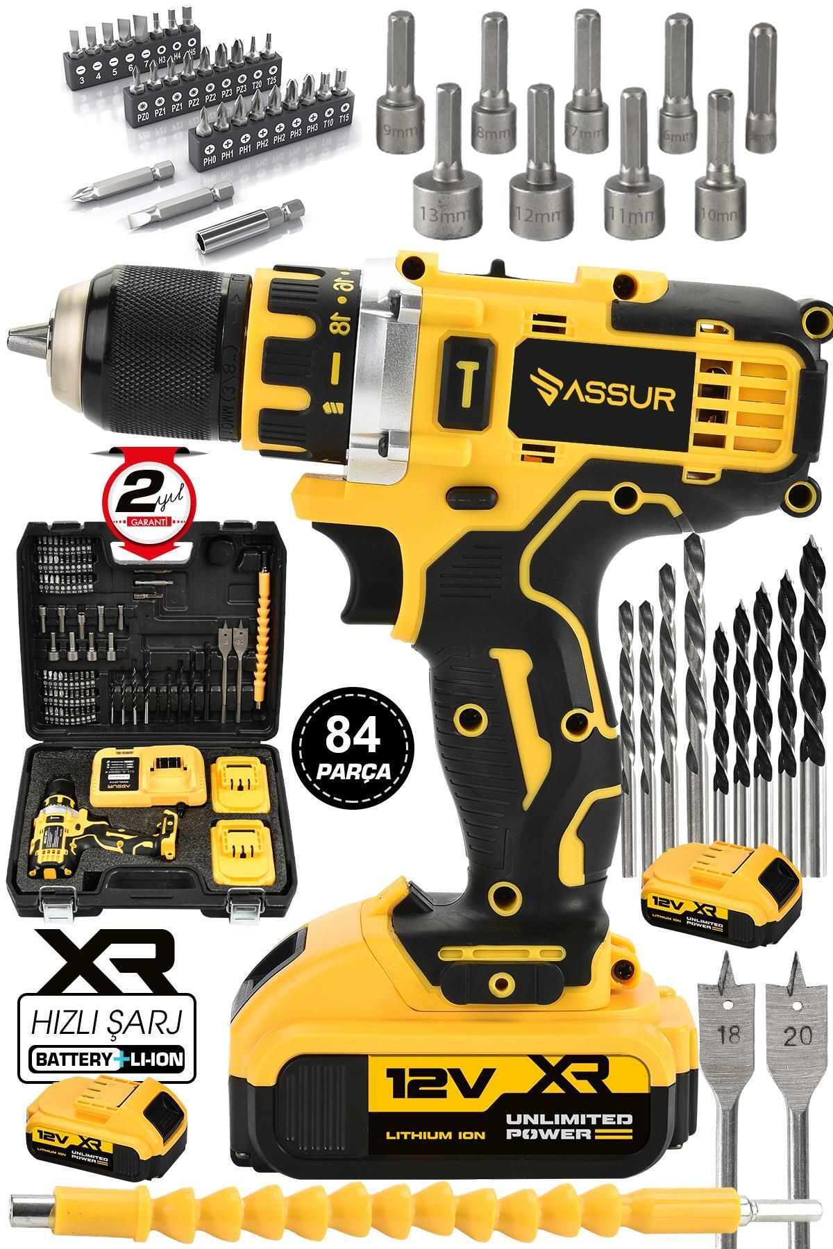 ASSUR 12v 2.0ah Şarjlı Matkap Metal Şanzıman Bakır Sargılı Çift Akülü 84 Parça Set