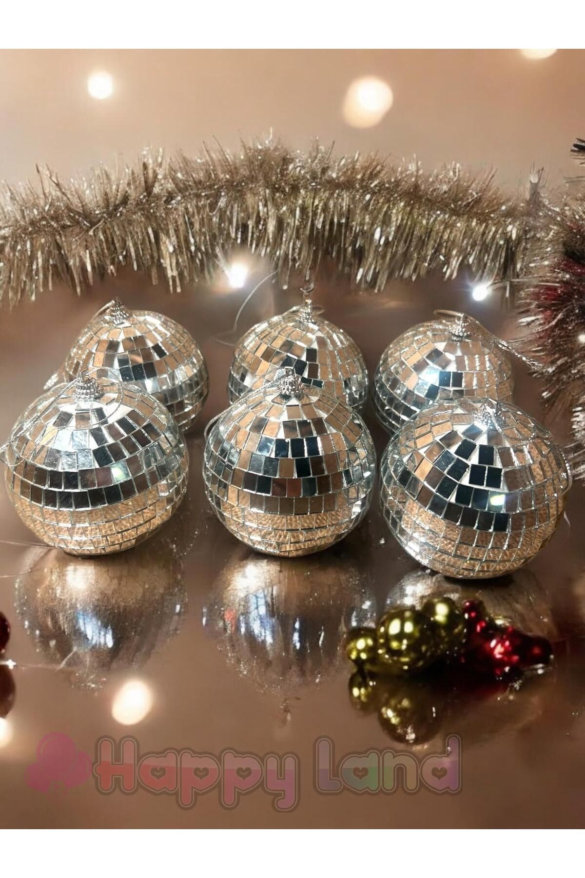 Happyland-New Year's Bright Disco Ball - 8 Cm, 6 Silver Ornaments 4