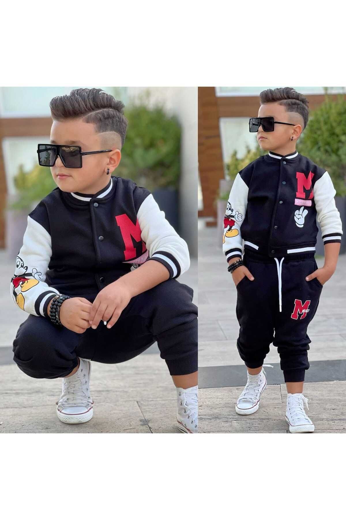 yns coolstar-Mickey Printed Black 3-String Fabric Trousers with Fleece Inside and College Jacket Set of 2 2