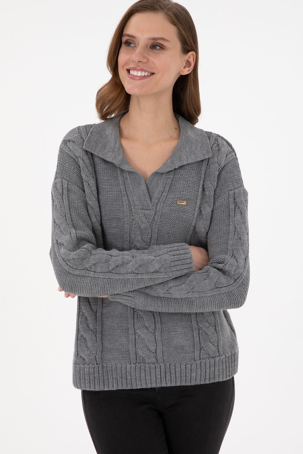 U.S. Polo Assn.-Women's Gray Melange Polo Neck Sweater 50291574 -Vr086 3