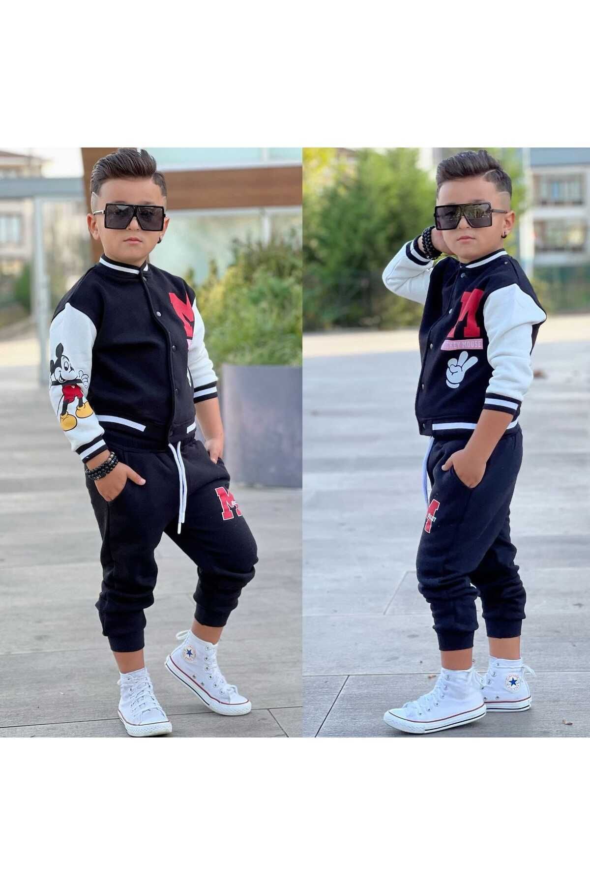 yns coolstar-Mickey Printed Black 3-String Fabric Trousers with Fleece Inside and College Jacket Set of 2 3