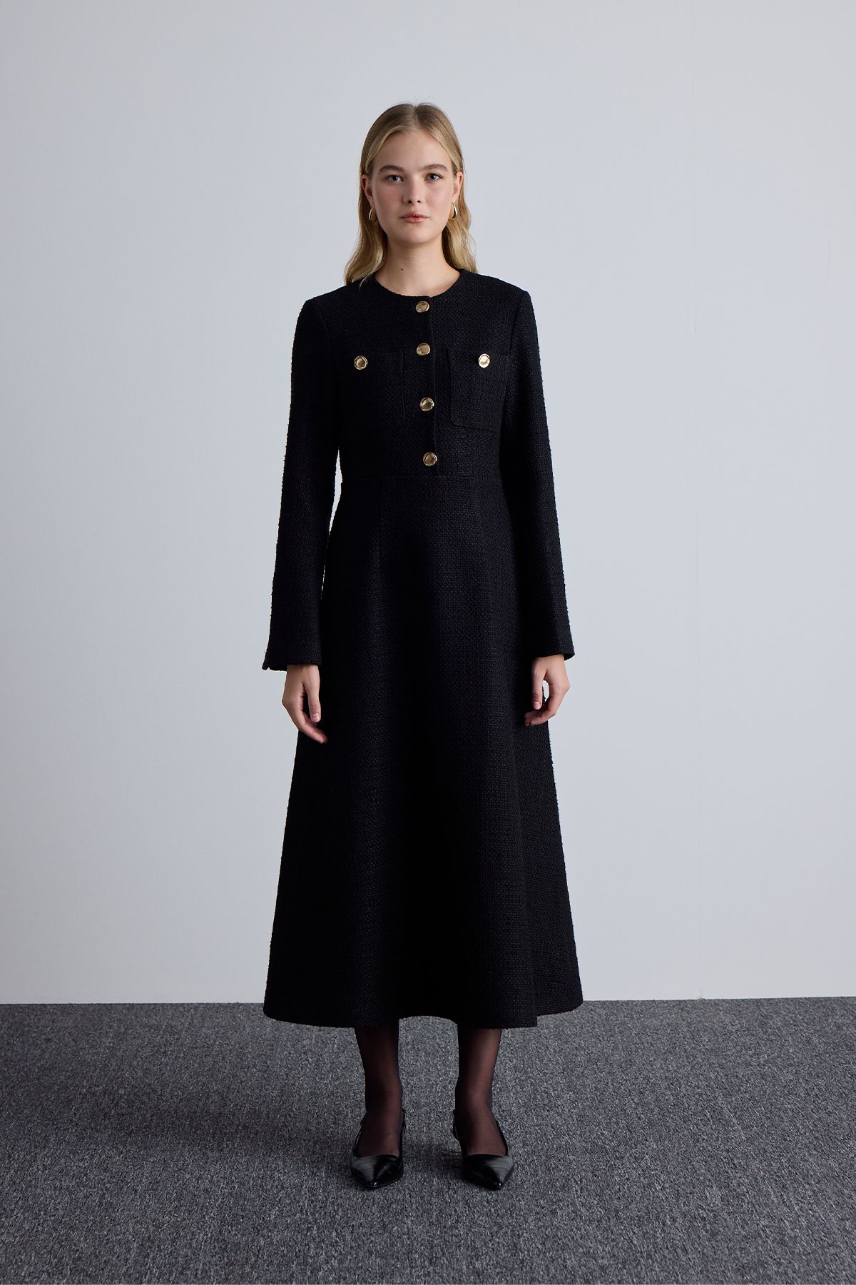 Manuka-Black Textured and Buttoned Dress 3