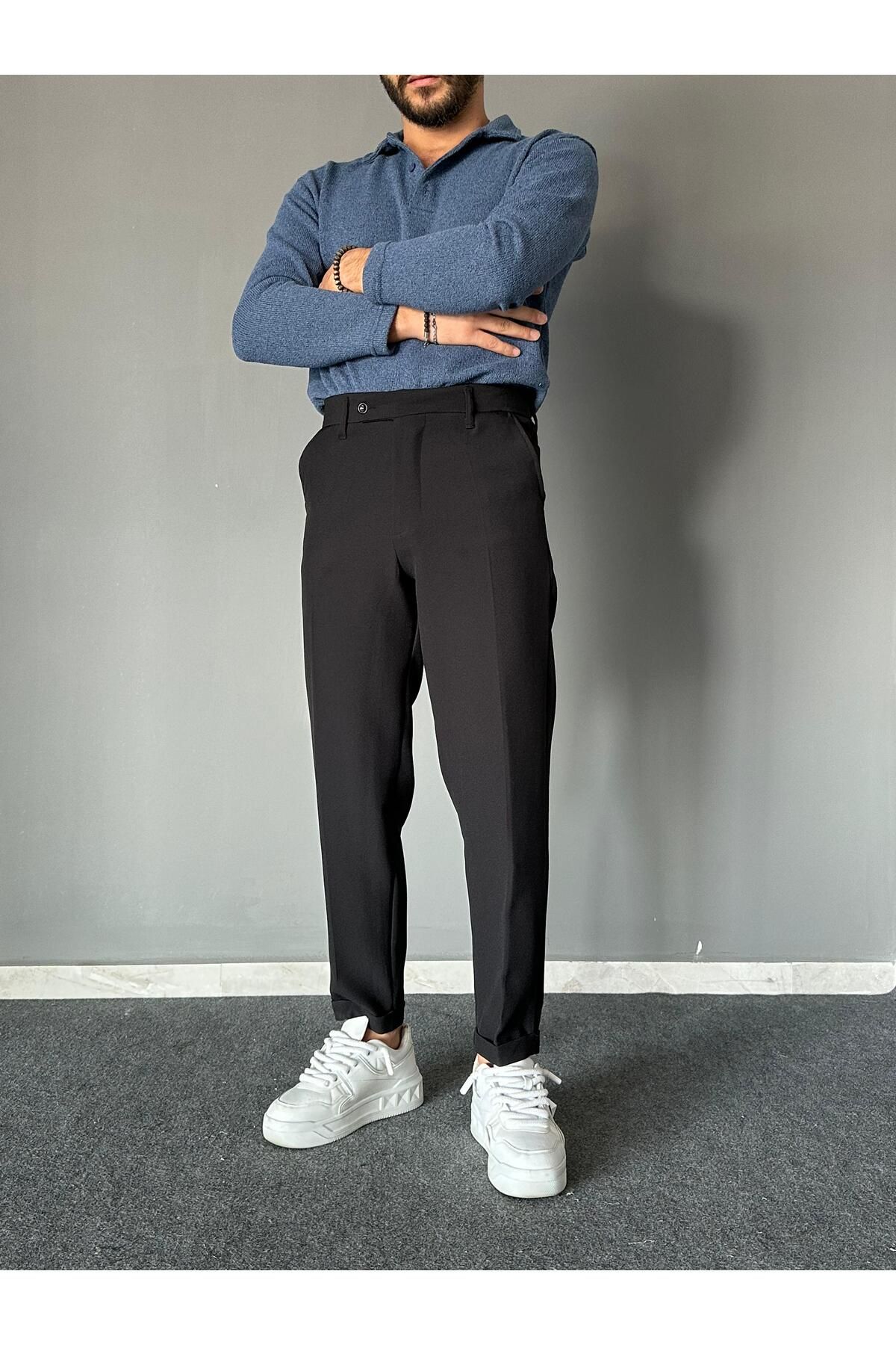 THEMANN-Black Short Tongue Double Leg Trousers with Elastic Waist 6