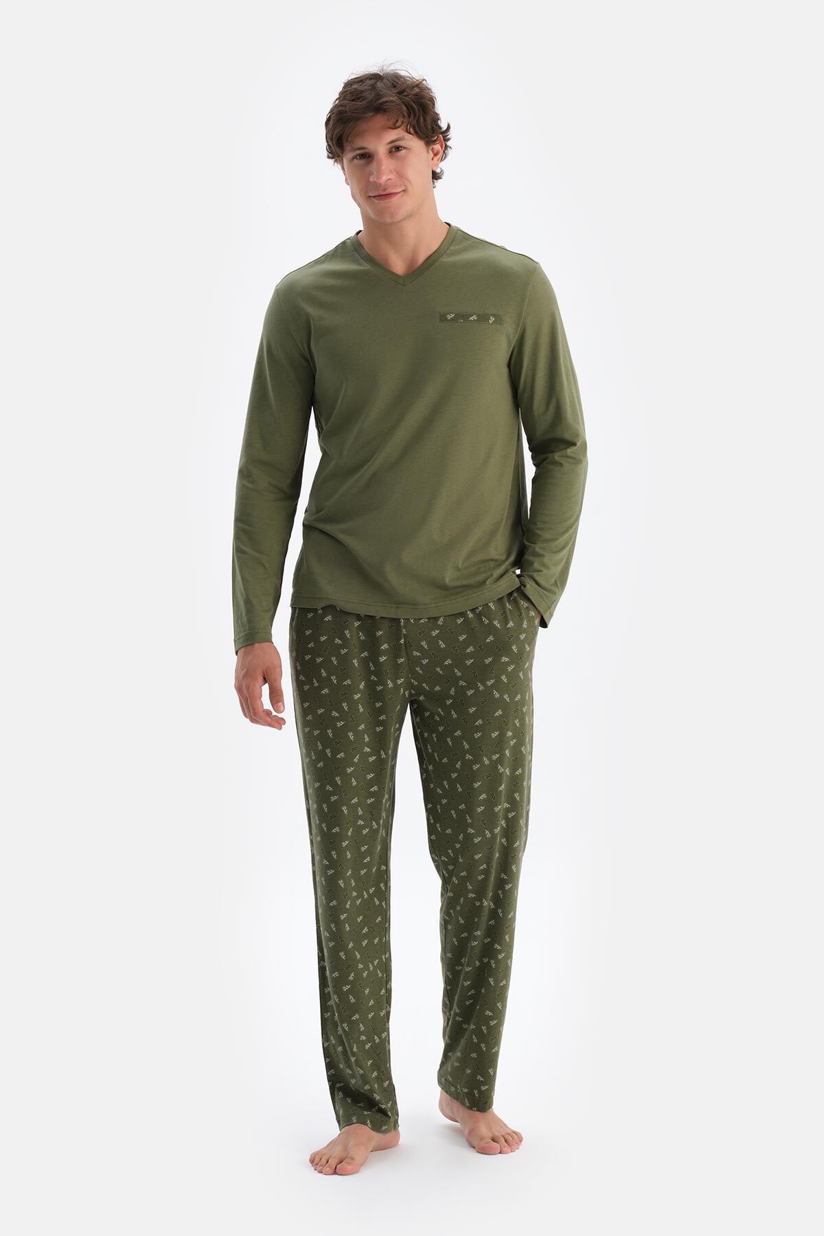ست پیژامه مردانه خاکی V YAKA شلوار لباس خواب MODAL T SHIRT PANTS Dagi