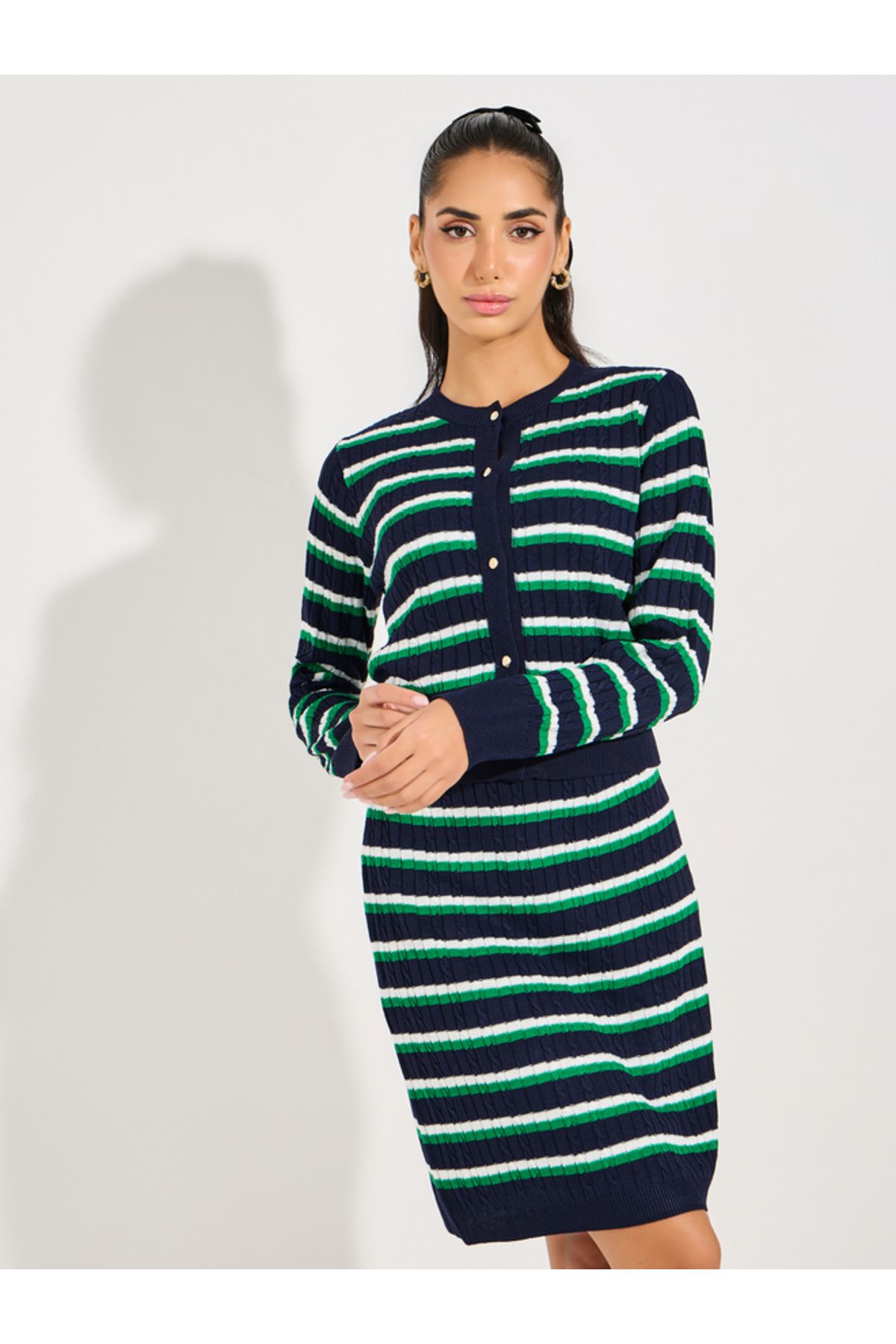 Styli-Striped Knit Top with Buttons 7