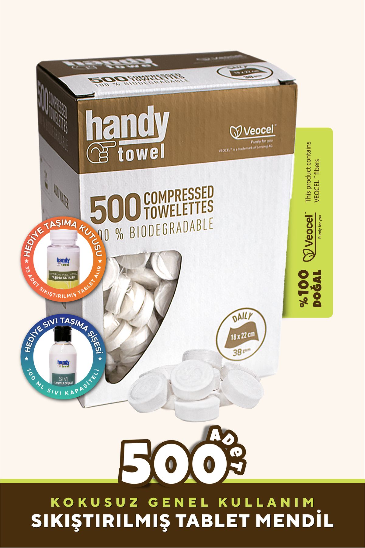 HandyTowel Bebek & Genel Kullanıma %100 Doğal Sıkıştırılmış Tablet Mendil 500 Adet