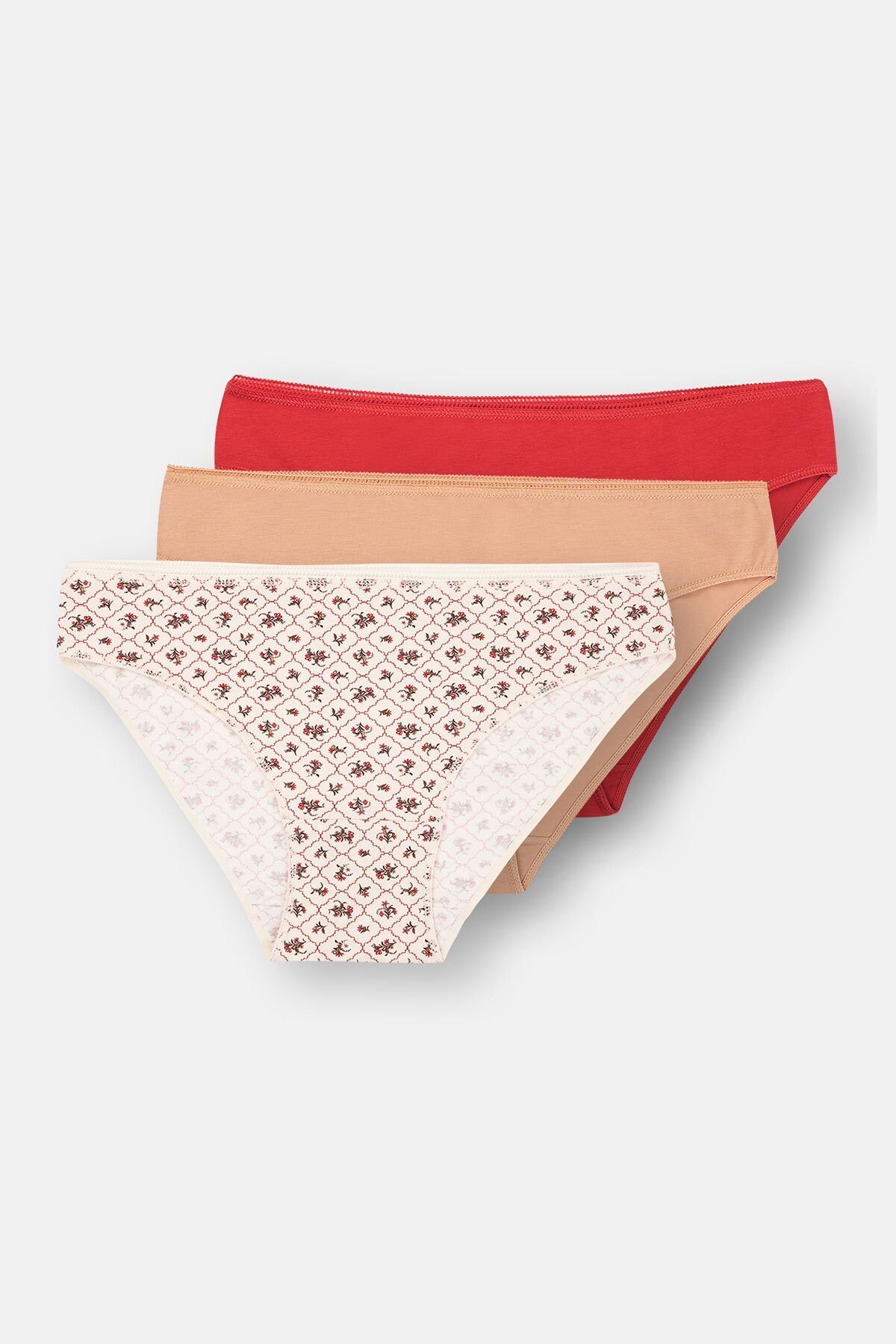 Dagi-Ecru-Red-Milk Brown Women's 3-Piece Patterned Brief Panties 1