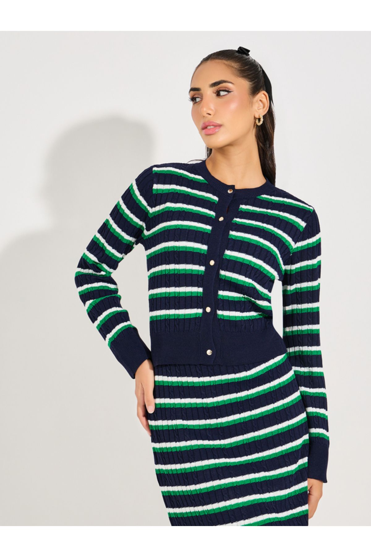 Styli-Striped Knit Top with Buttons 1