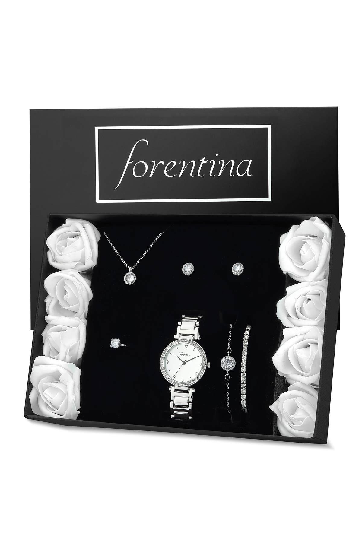 Forentina Gümüş Kaplama Tektaş Kolye Küpe Bileklik Yüzük Saat-Beyaz Yapay Güllü Kutuda Hediye Set PS