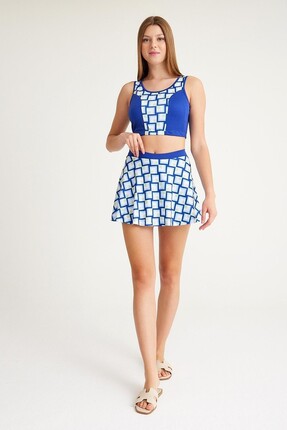 Signature Style 2247_ Kadın 2 Parça Şort Etekli Astarlı Crop Havuz Deniz Mayo...
