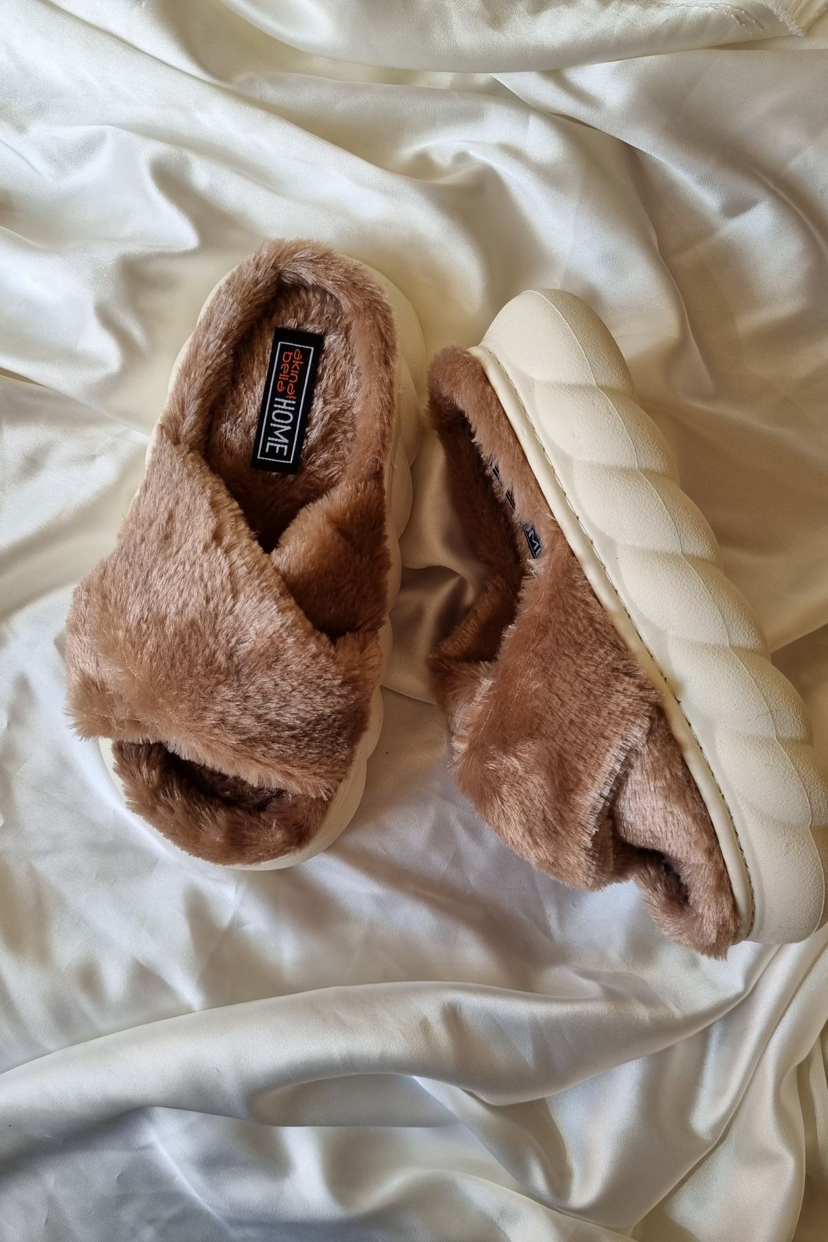 Akınal Bella-Akınalbella Women's Cross Model Soft Furry Comfortable Sole Slippers 2