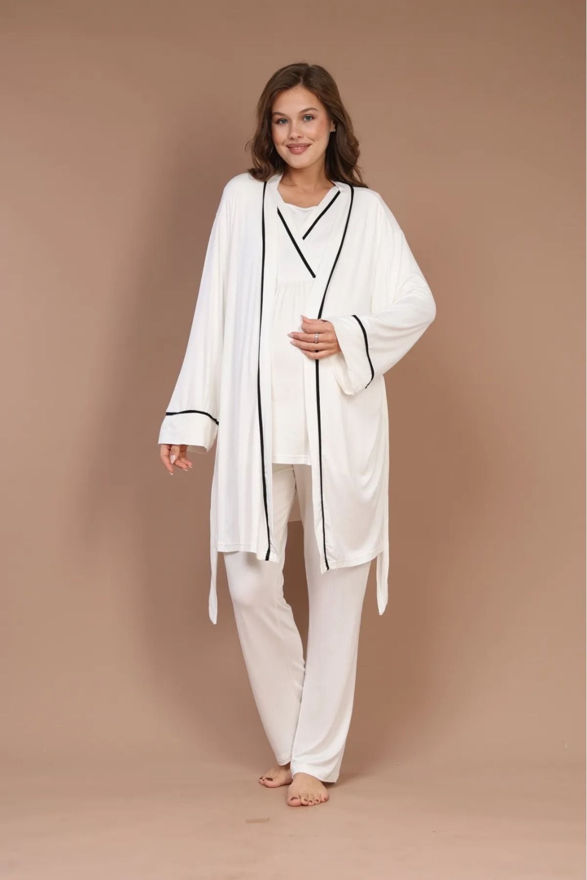 Reyhanlar-Ecru Color 3-Piece Maternity Pajamas Set with Long Sleeves and Dressing Gowns 5