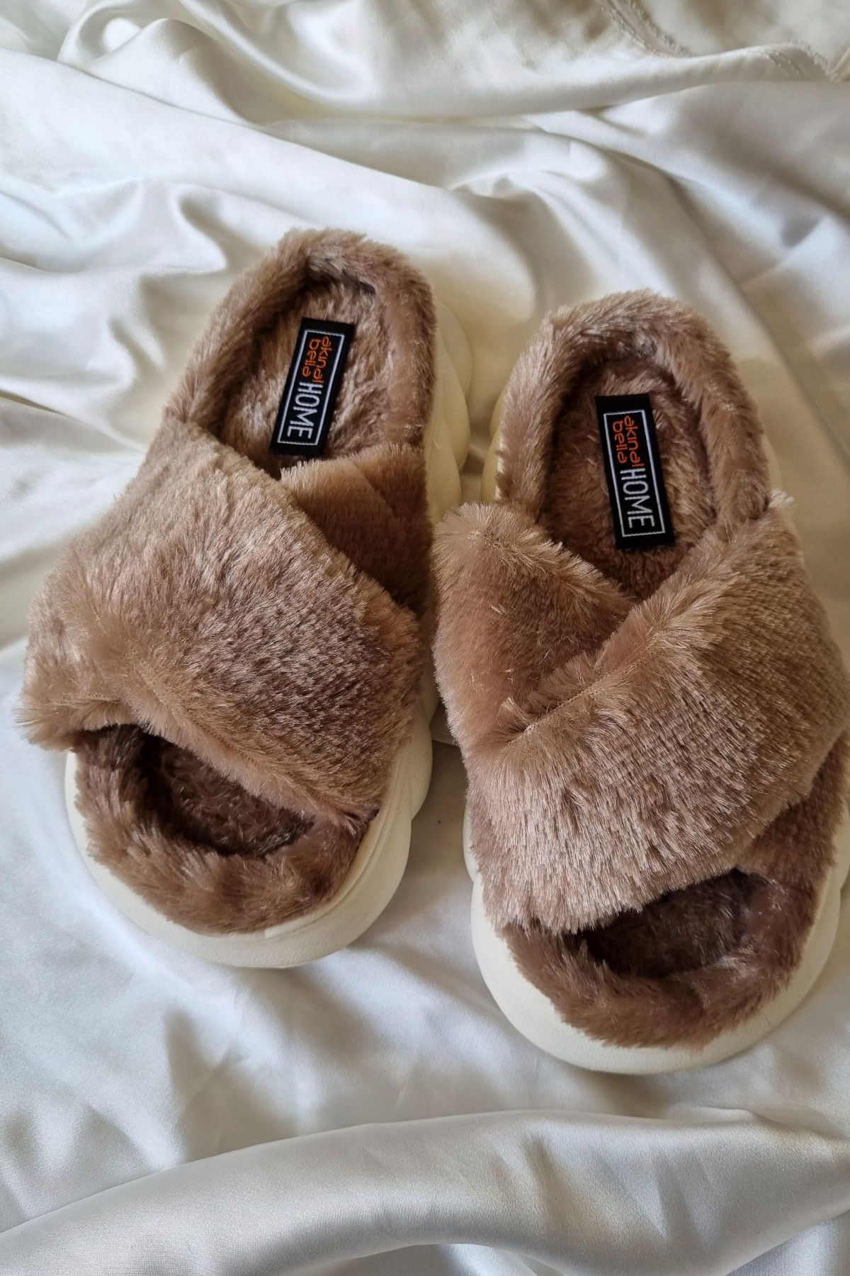 Akınal Bella-Akınalbella Women's Cross Model Soft Furry Comfortable Sole Slippers 1