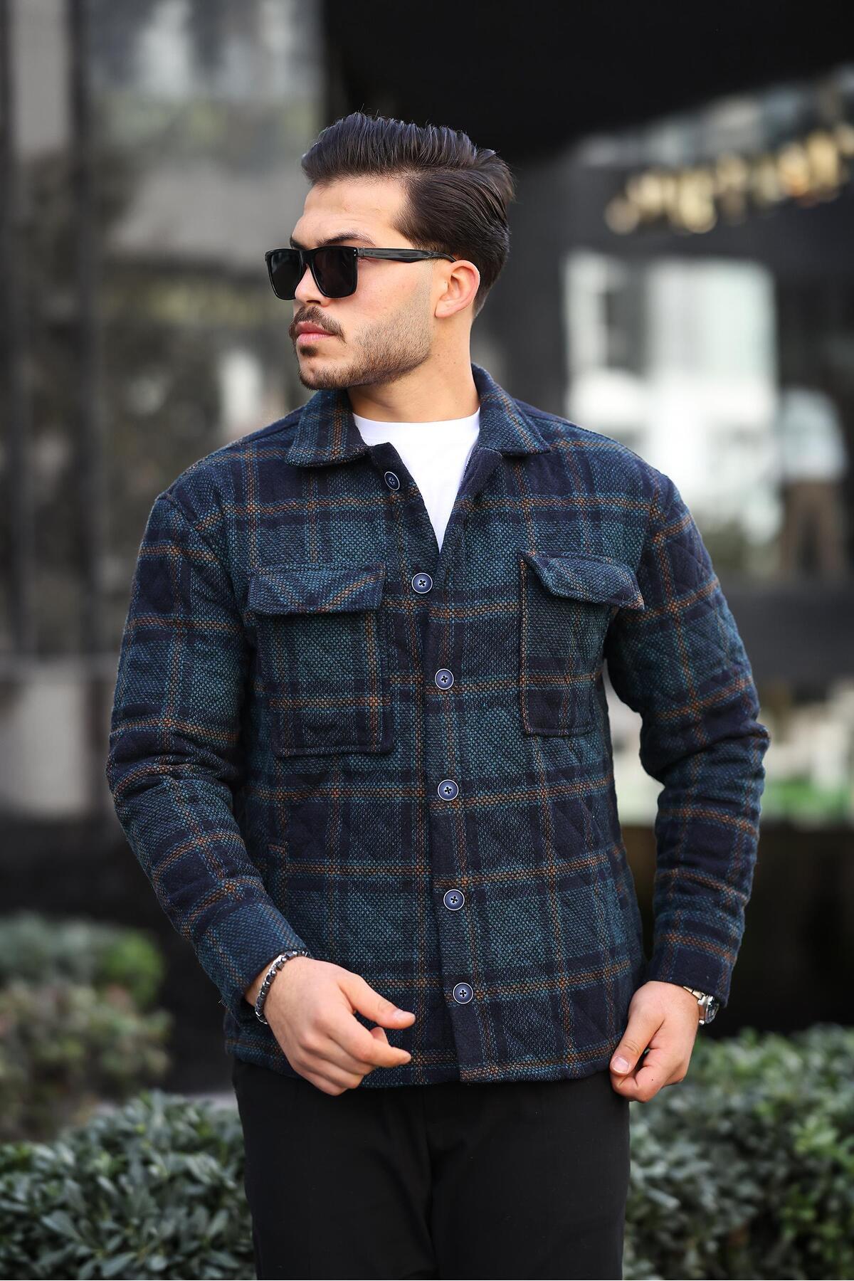 Miron-Green Navy Blue Checked Quilted Detailed Regular Fit Jacket-2453 2