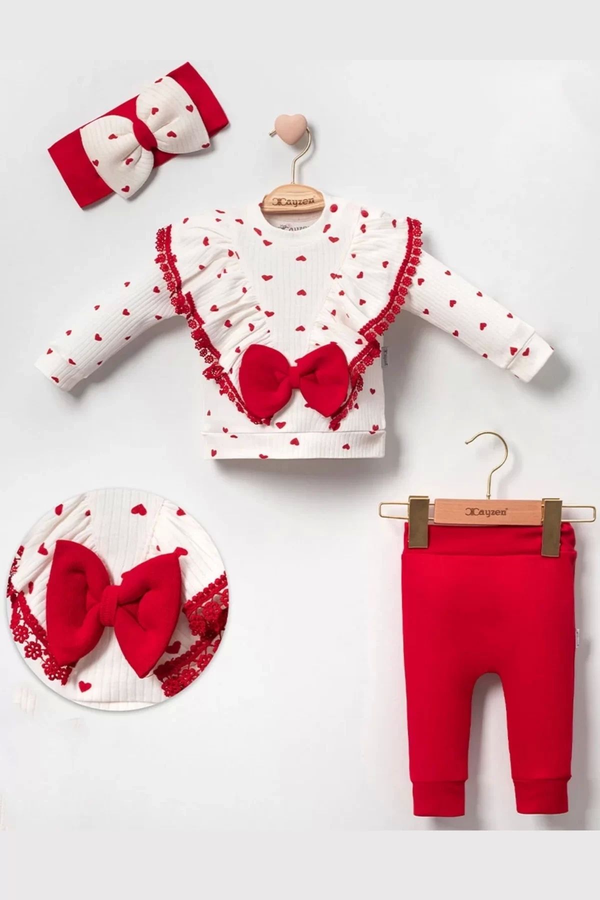 Eng-100% Cotton 3-Piece Girl's Set with Bow and Heart Pattern 1