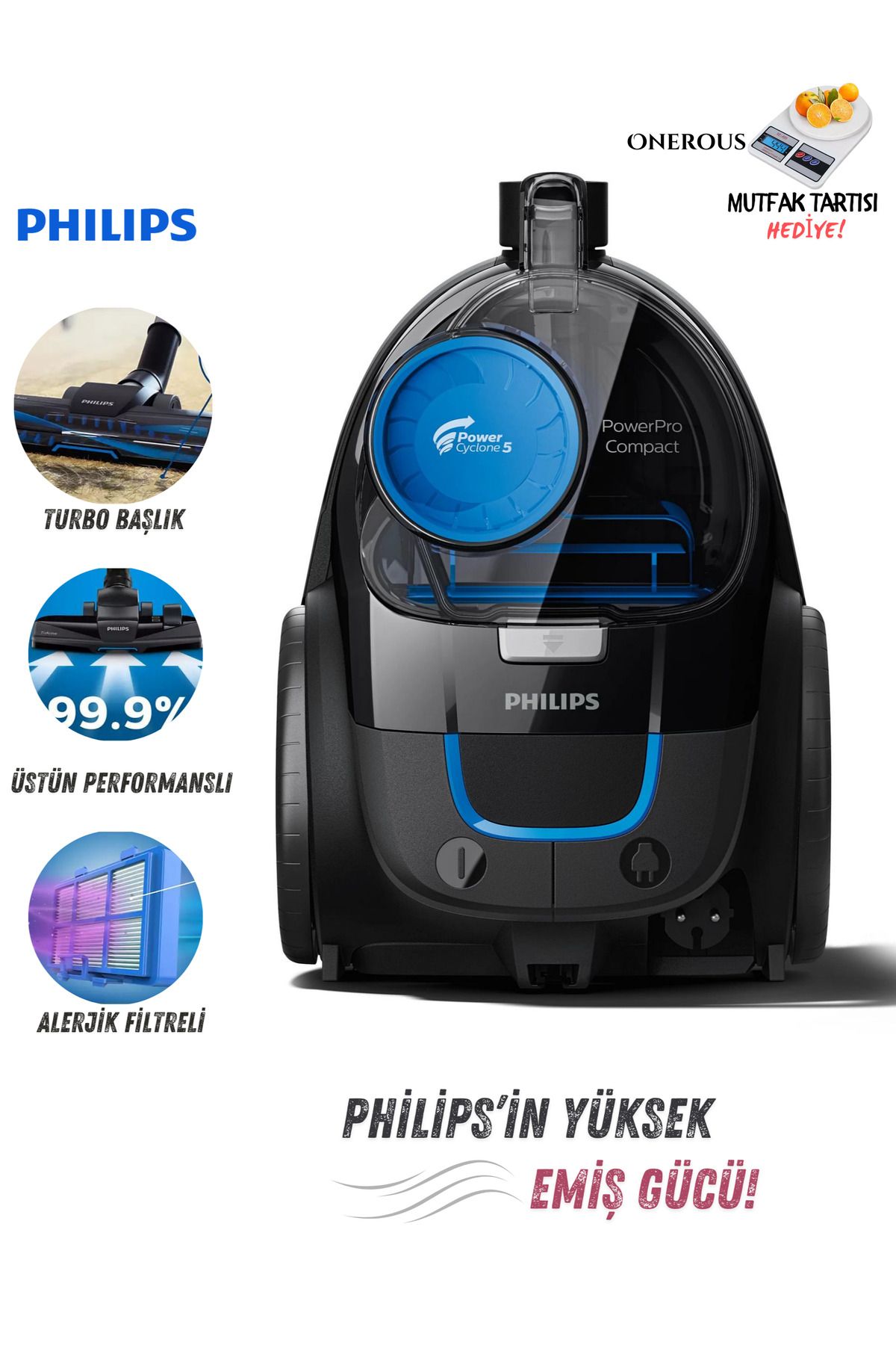 Philips Turbo Başlıklı Yüksek Performanslı Torbasız Elektrikli Süpürge, Kompakt Tasarım, Hepa Filtreli