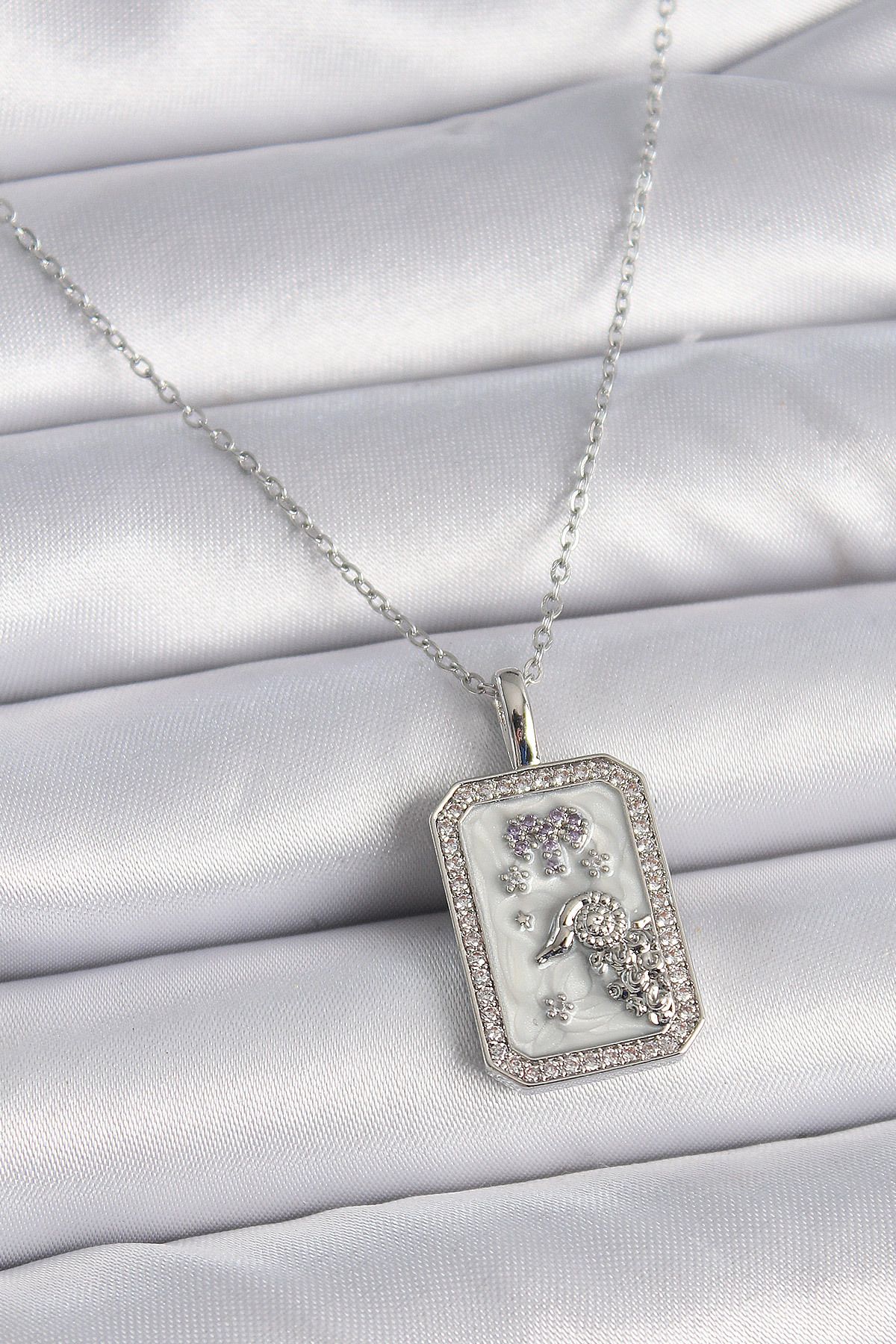 MMB Boutique 316L Çelik Gümüş Renk Zincir Koç Burcu Zirkon Taşlı Kadın Kolye