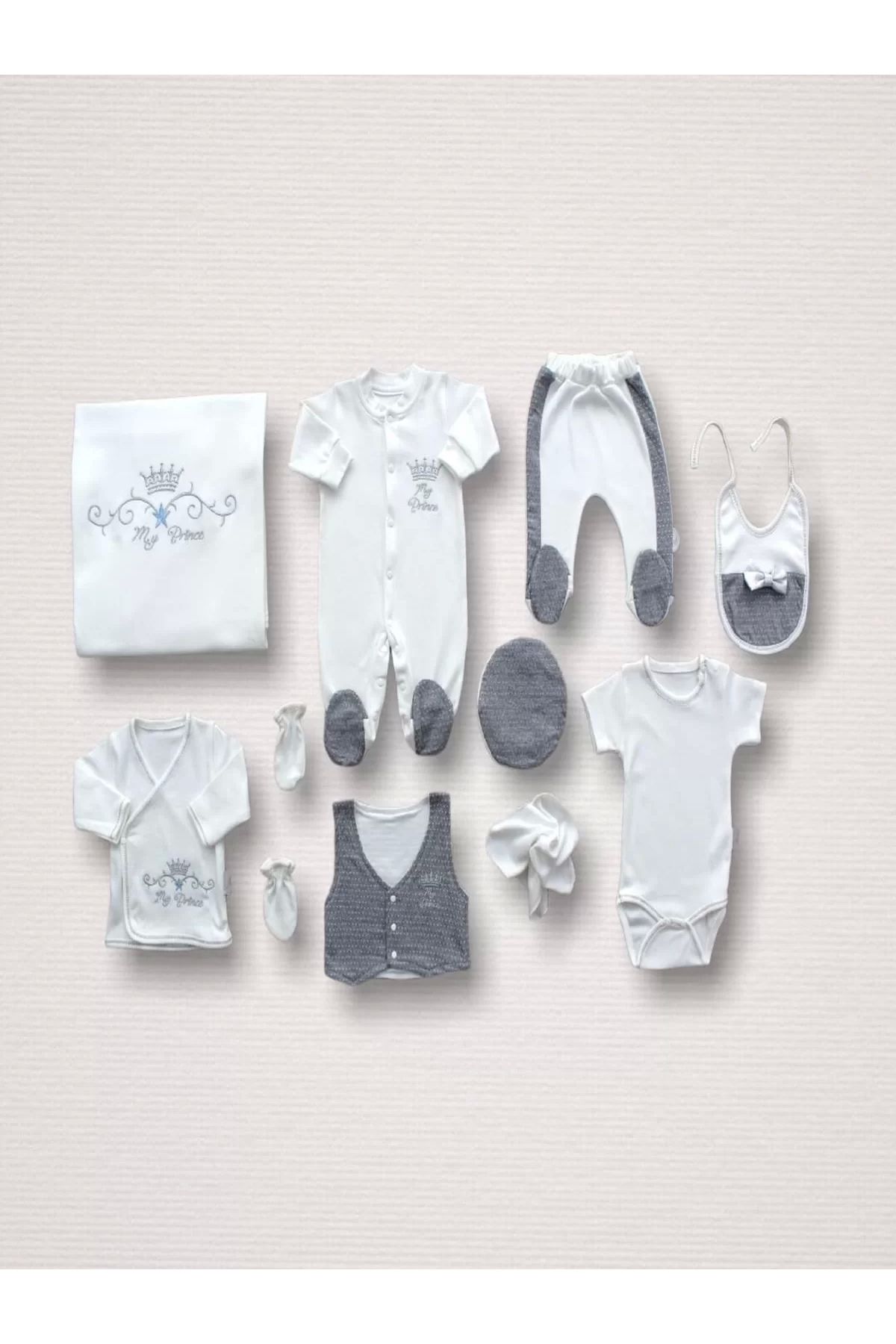 Eng-Antibacterial Super Prince Embroidered 10-Piece Bodysuit Set - 100% Cotton, Gray Hospital Exit 1