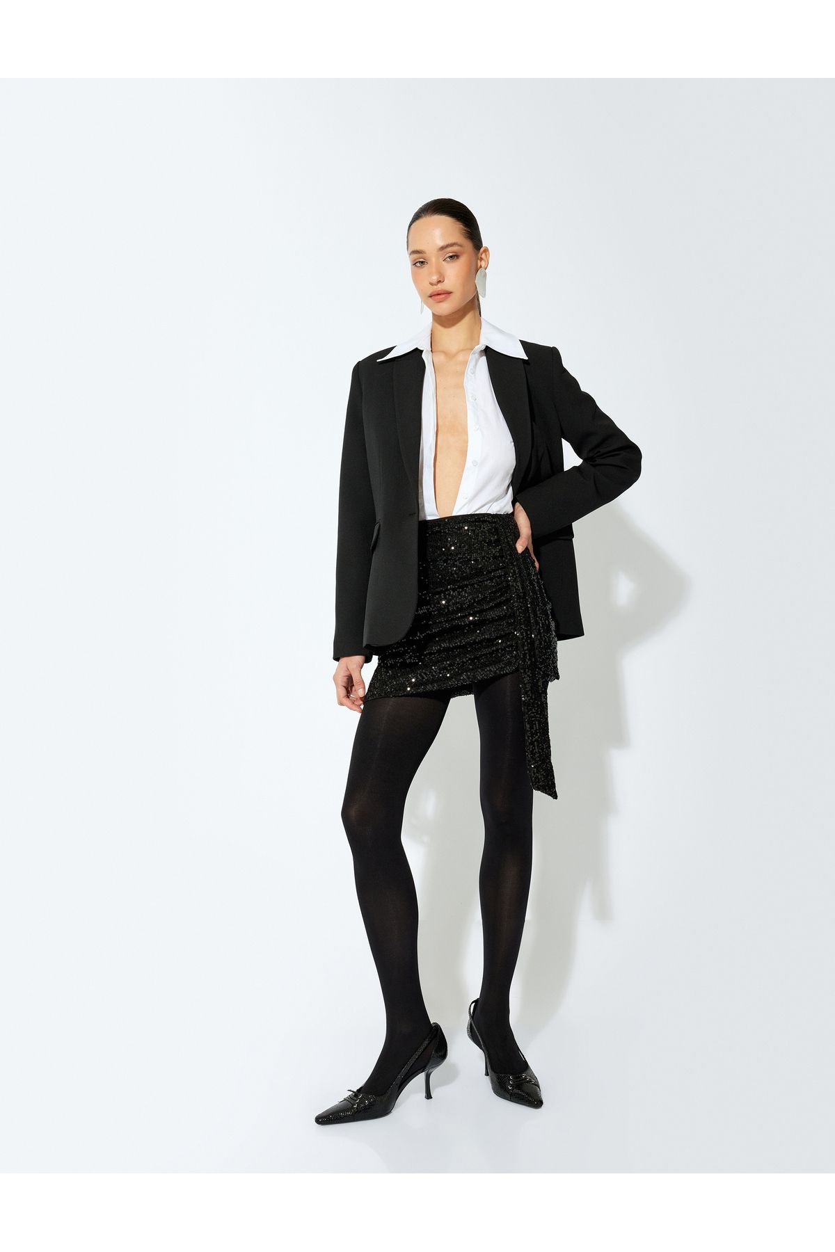 Koton Yeni Sezon Slim Fit Asimetrik Mini Pullu Payetli Etek
