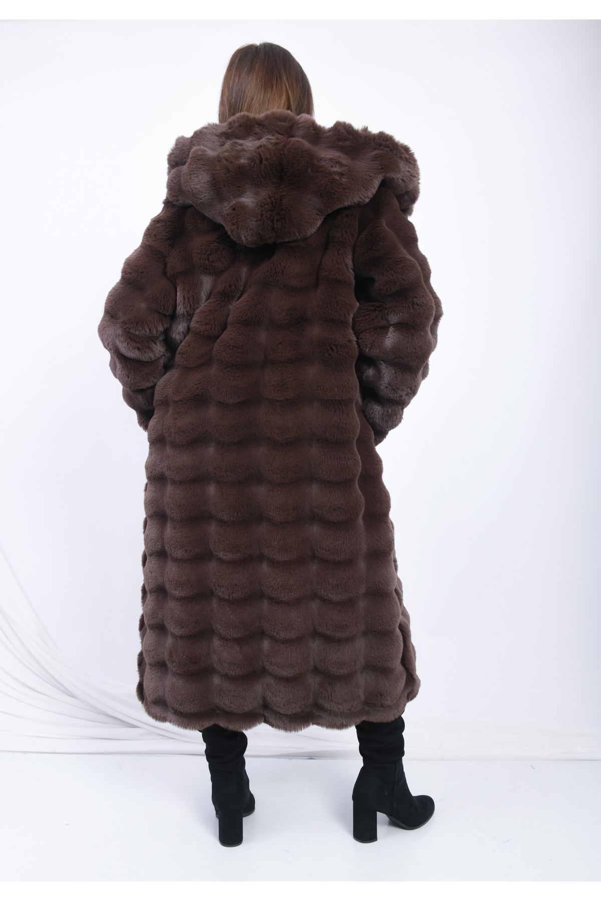 FUREVER FASHION Kapüşonlu Çizgili Rex Suni Kürk Manto görsel 4