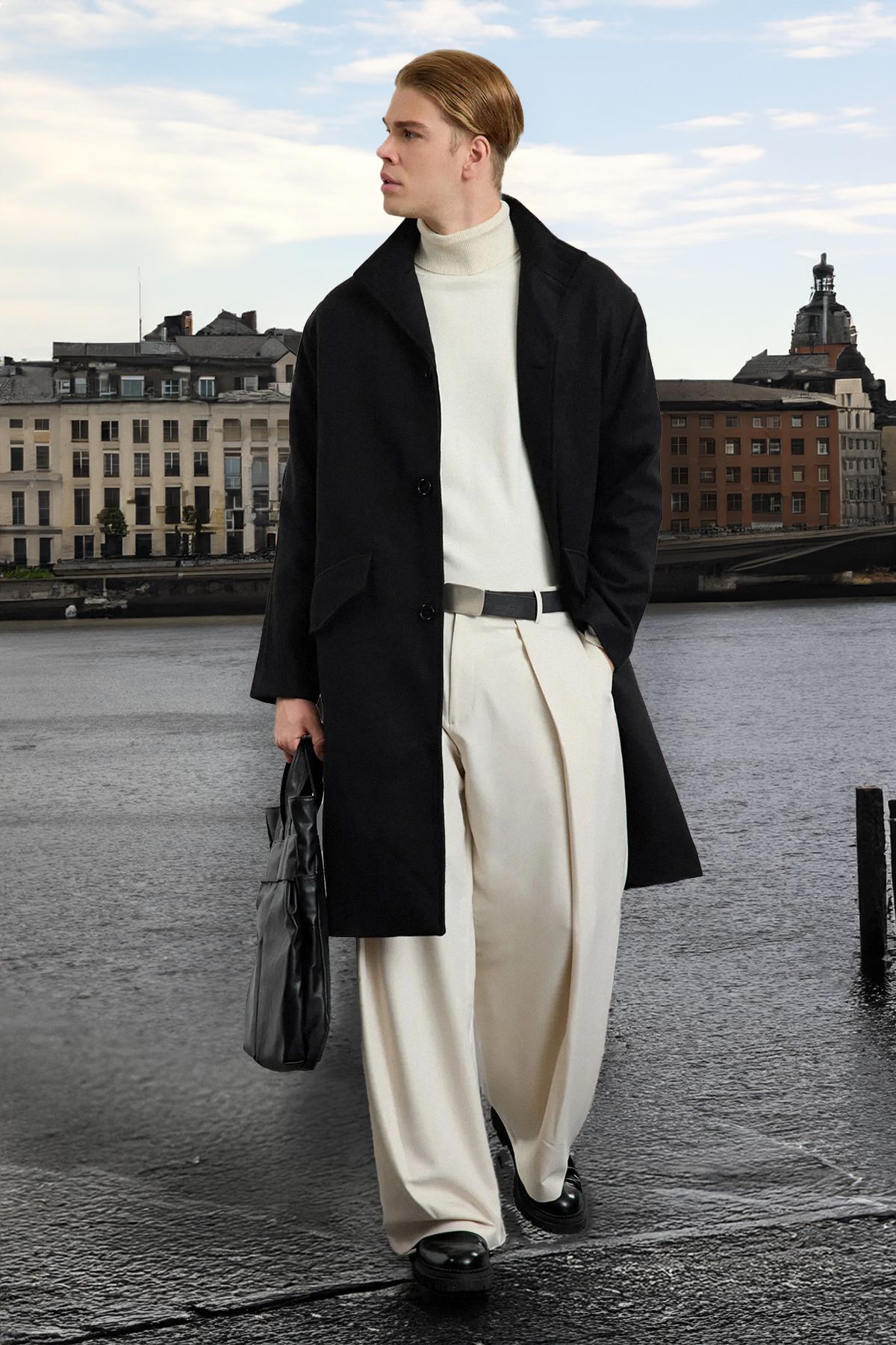 Trendyol Collection Długi Czarny, Oversize'owy Płaszcz Zimowy Ze Stójką Mężczyzna - XS