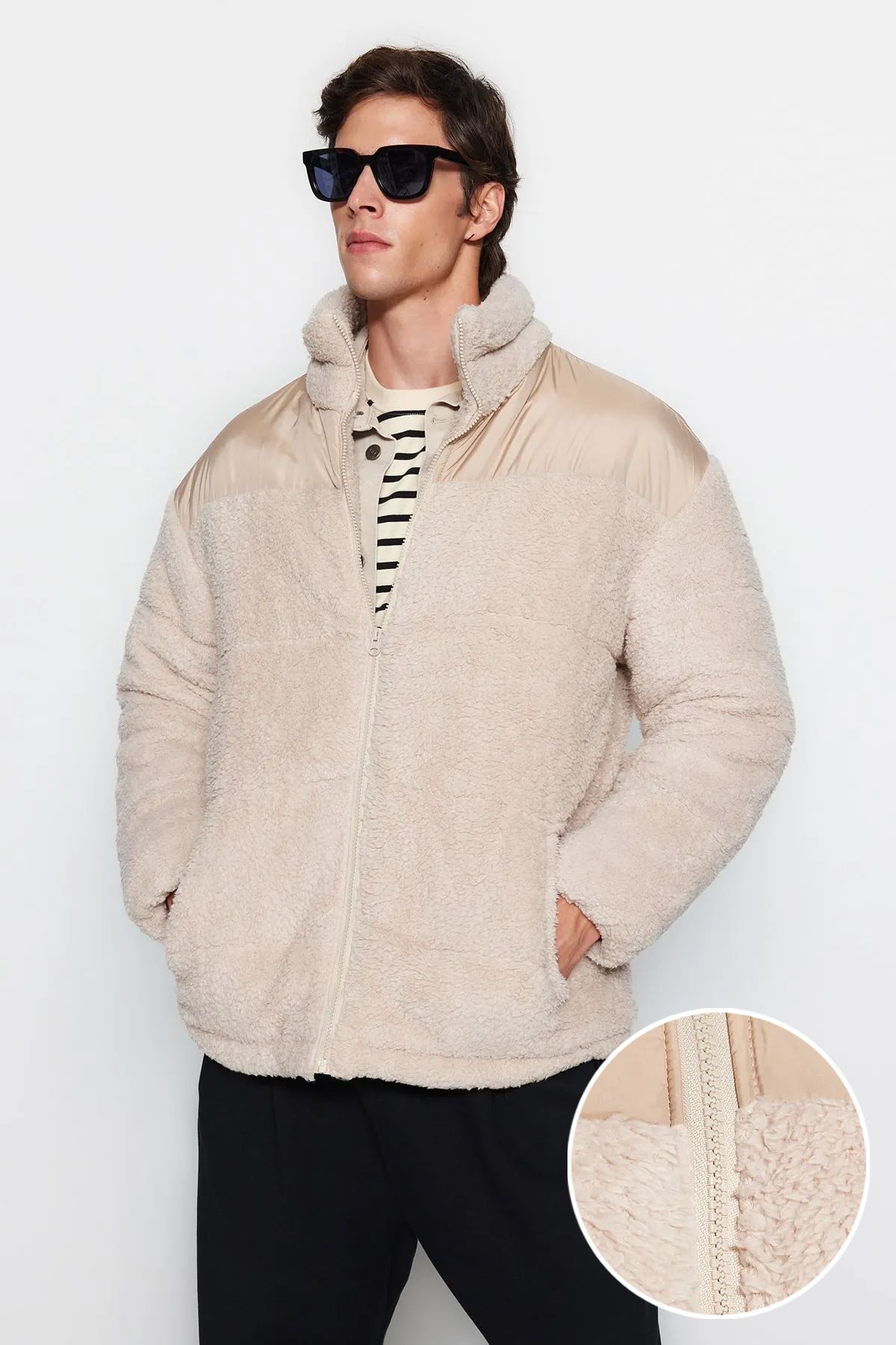 Trendyol Collection Beżowa Kurtka Zimowa Oversize Z Pluszową Podszewką - Mężczyzna - S