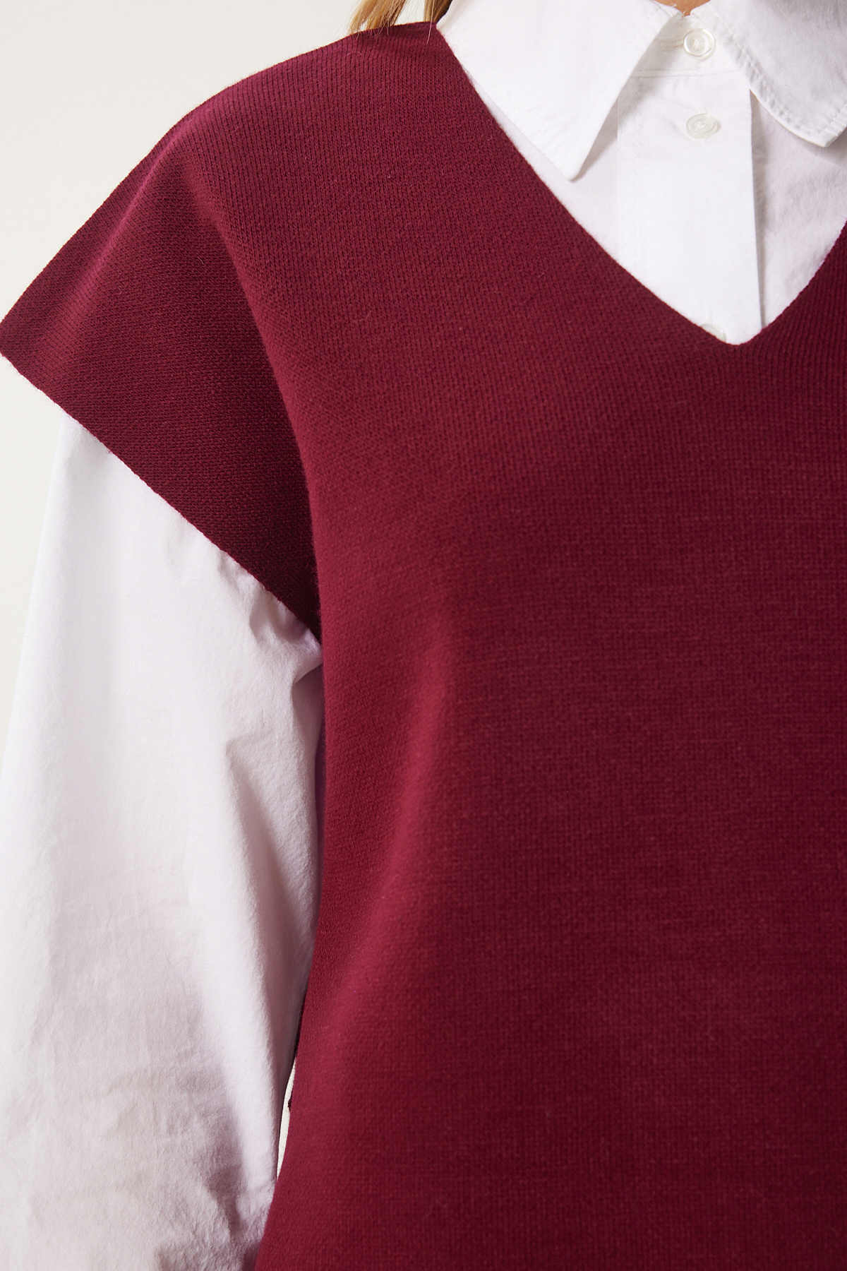Happiness İstanbul-Burgunderroter Damen-Pullover mit V-Ausschnitt und Gürtel, lang, US00185 6
