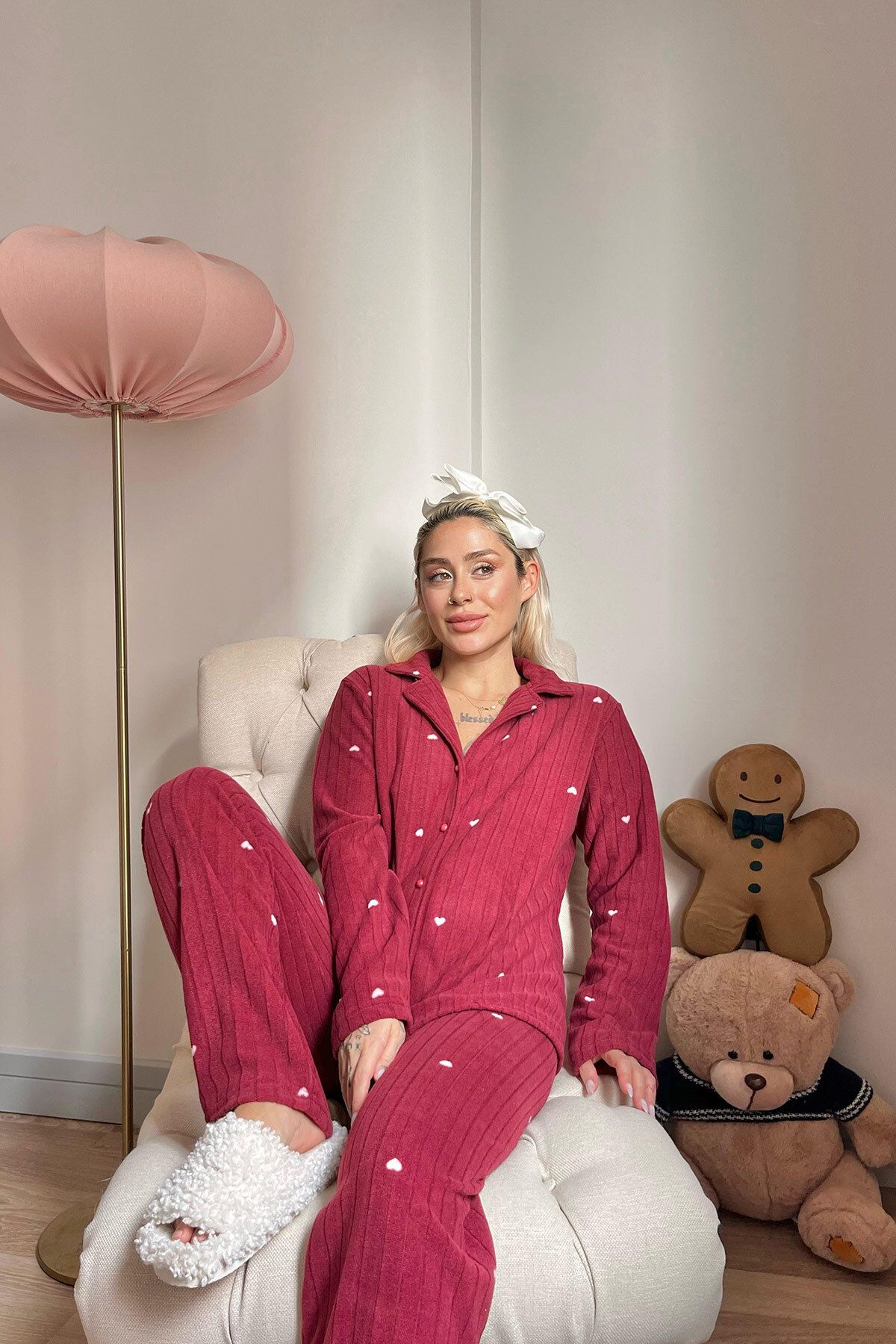 Pijamaevi-Claret Red Heart Patterned Front Buttoned Plush Polar Pajama Set 3