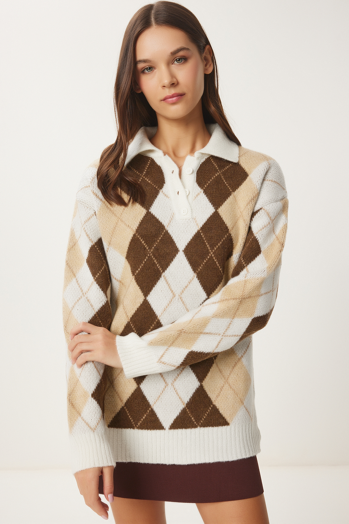 Happiness İstanbul Ecru-brauner Strickpullover mit Rautenmuster für Damen FN03447