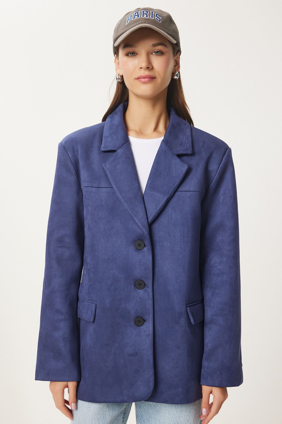 Happiness stanbul Women s Navy Blue Premium Suede Blazer Jacket Fn03443 Trendyol