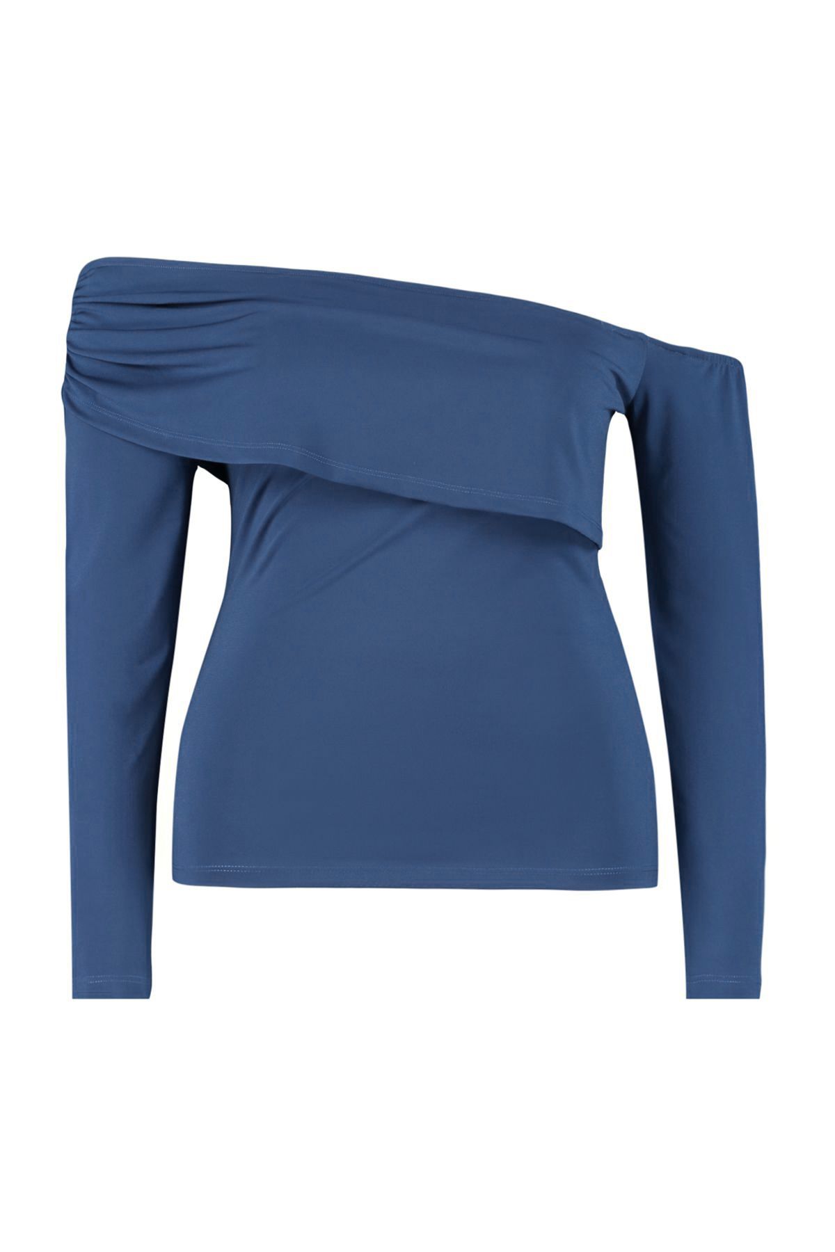 Trendyol Curve-Blue Asymmetric Collar Knitted Blouse TBBAW24AF00032 6