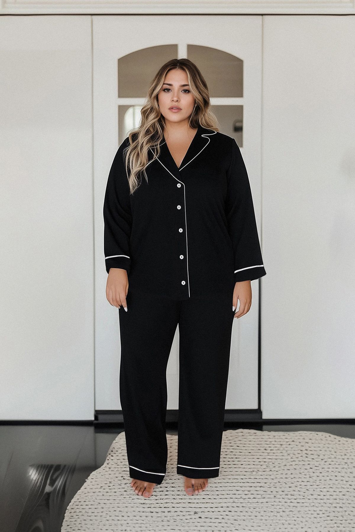 Edit by Trendyol-Schwarzes Strick-Pyjama-Set mit Hemdkragen - TEDAW25AI00001 1