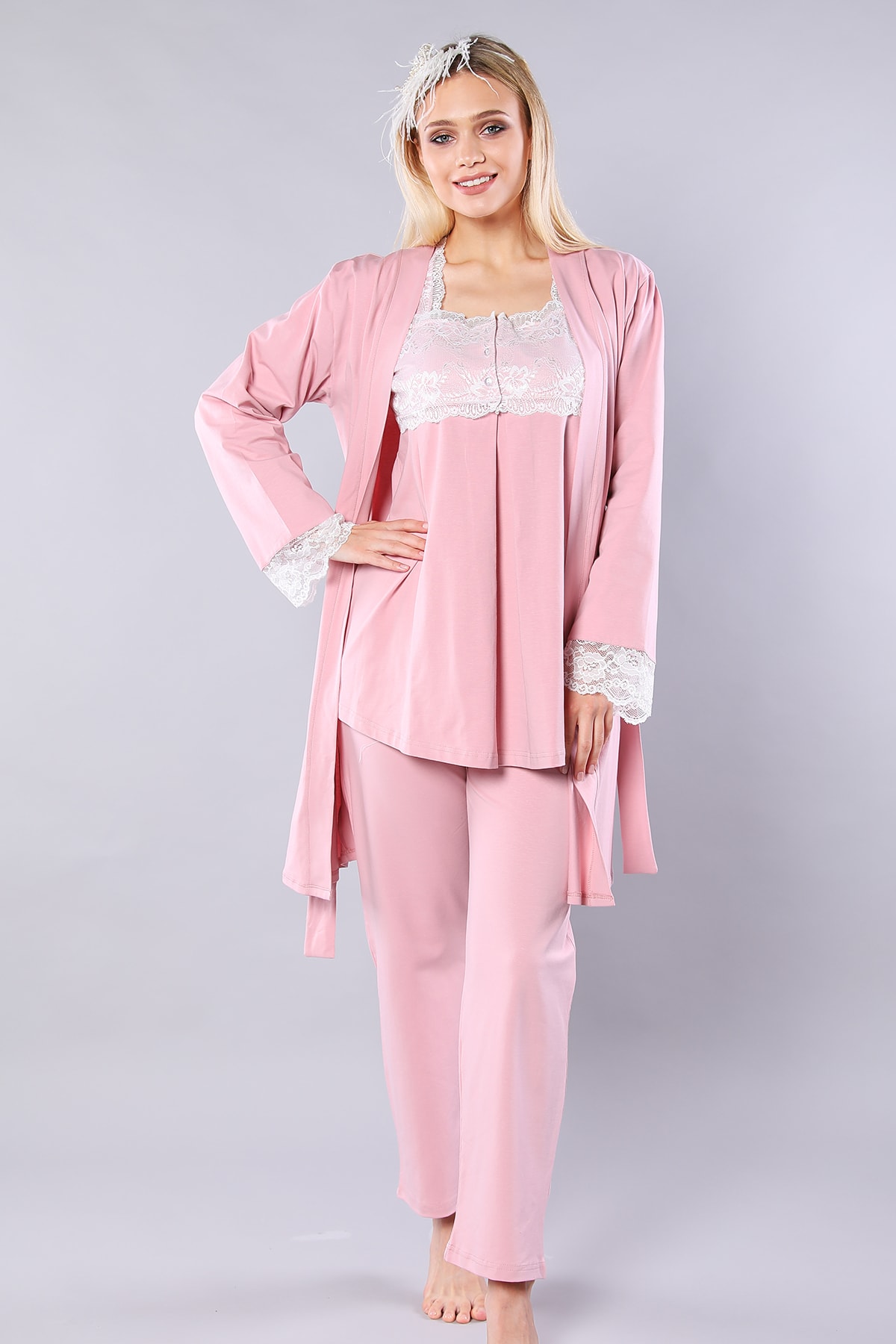 Emose Kadın Pudra Lohusa Sabahlıklı Pijama Takım