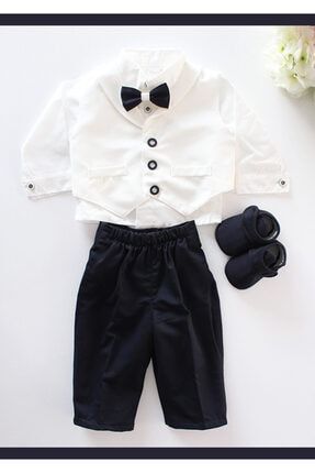 Erkek Bebek Lacivert Renk Beyaz Yelekli Düğme Detaylı Takım Elbise BT691