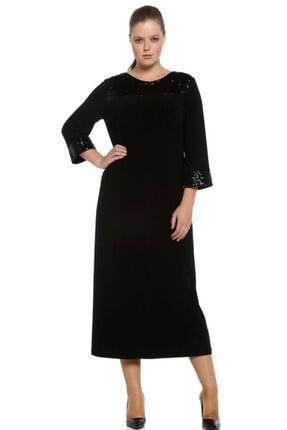 Büyük Beden Siyah Roba Manşet Pullu Payet Abiye Elbise-4056s