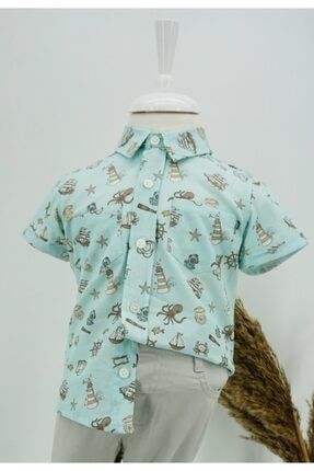Erkek Bebek Mint Yeşili Deniz Hayvanları Desenli Gömlek Pantolon Takım 158-610-MNT