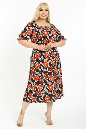 Kadın Siyah Turuncu Çiçek Desenli Kare Yaka Elbise 2120147