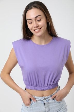 Kadın Lila Vatkalı Beli Lastikli Pamuklu Basic Crop T-shirt MDTRN12251