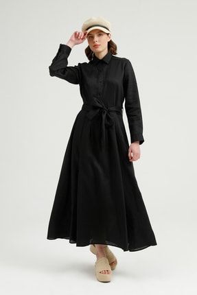 Kadın Siyah Keten Elbise 21YE-10005