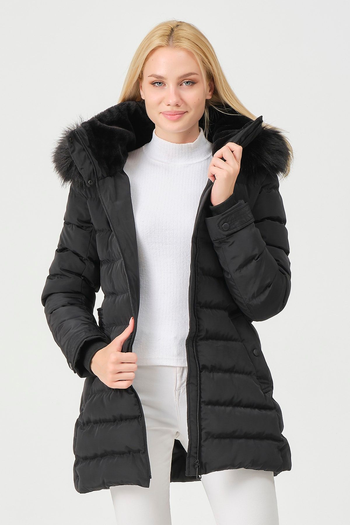 Dark grey collared faux fur jacket deals