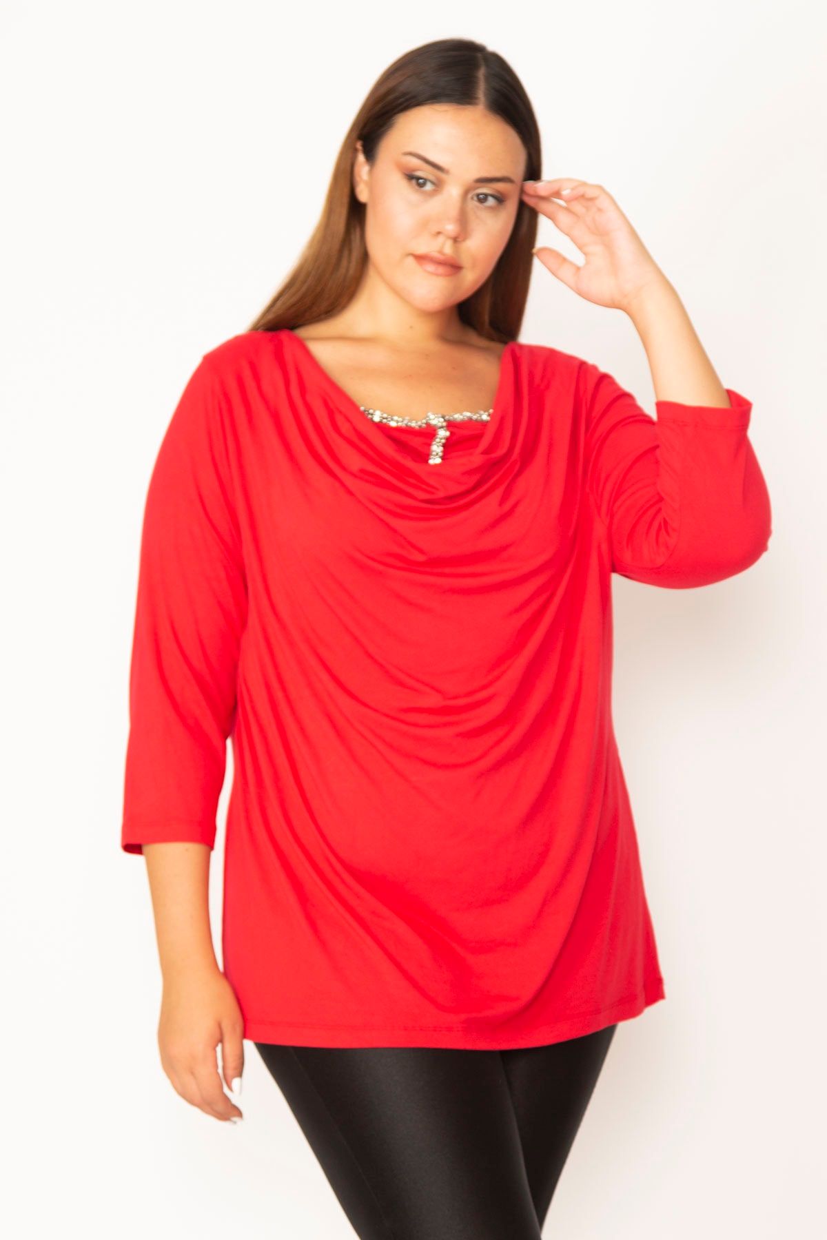 Şans-Women's Large Size Red Low Collar Stone Detailed Capri Sleeve Blouse 65n27527 2