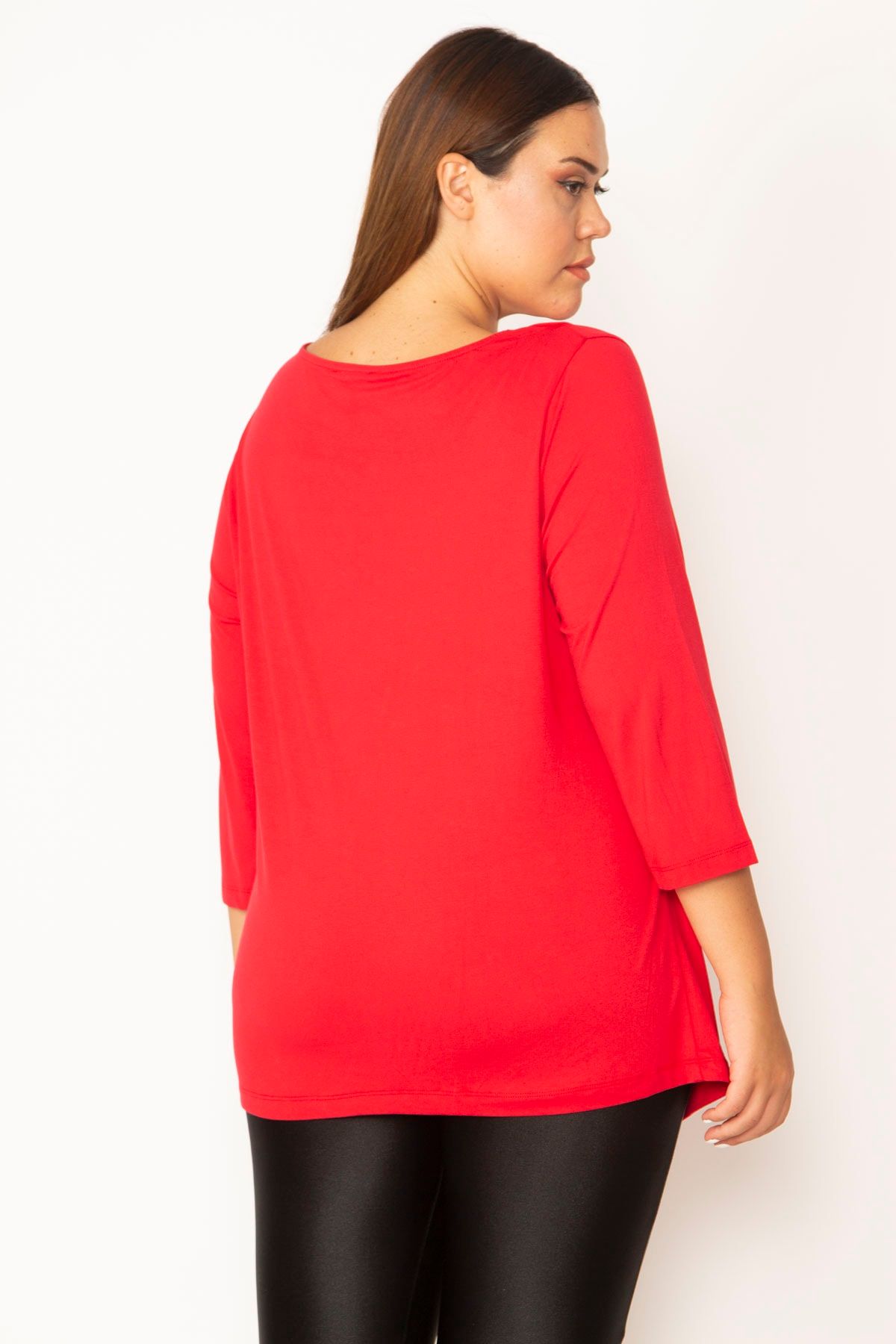 Şans-Women's Large Size Red Low Collar Stone Detailed Capri Sleeve Blouse 65n27527 4
