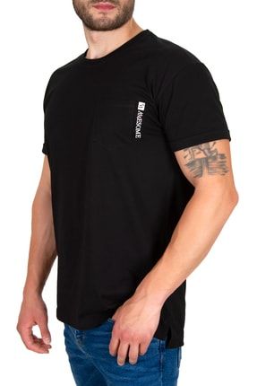 Erkek Siyah Overfit Yırtmaçlı Baskılı Cepli T-shirt WH-2049